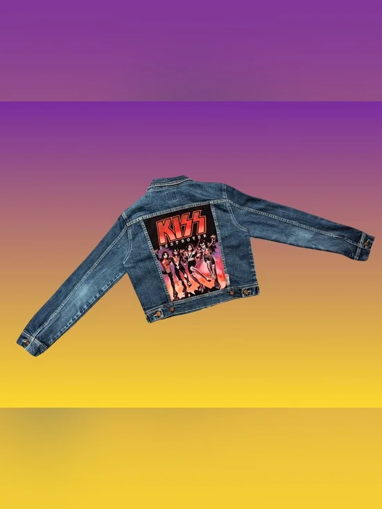 Handmade, Upcycled KISS Denim Jacket Size L for Women - Picture 3 of 4